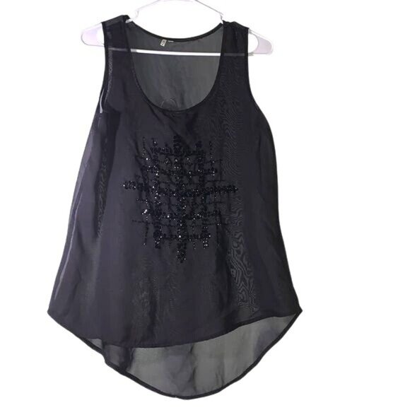 Black Sleeveless Sheer Top With Beaded Design On Front - Size S - Picture 1 of 7